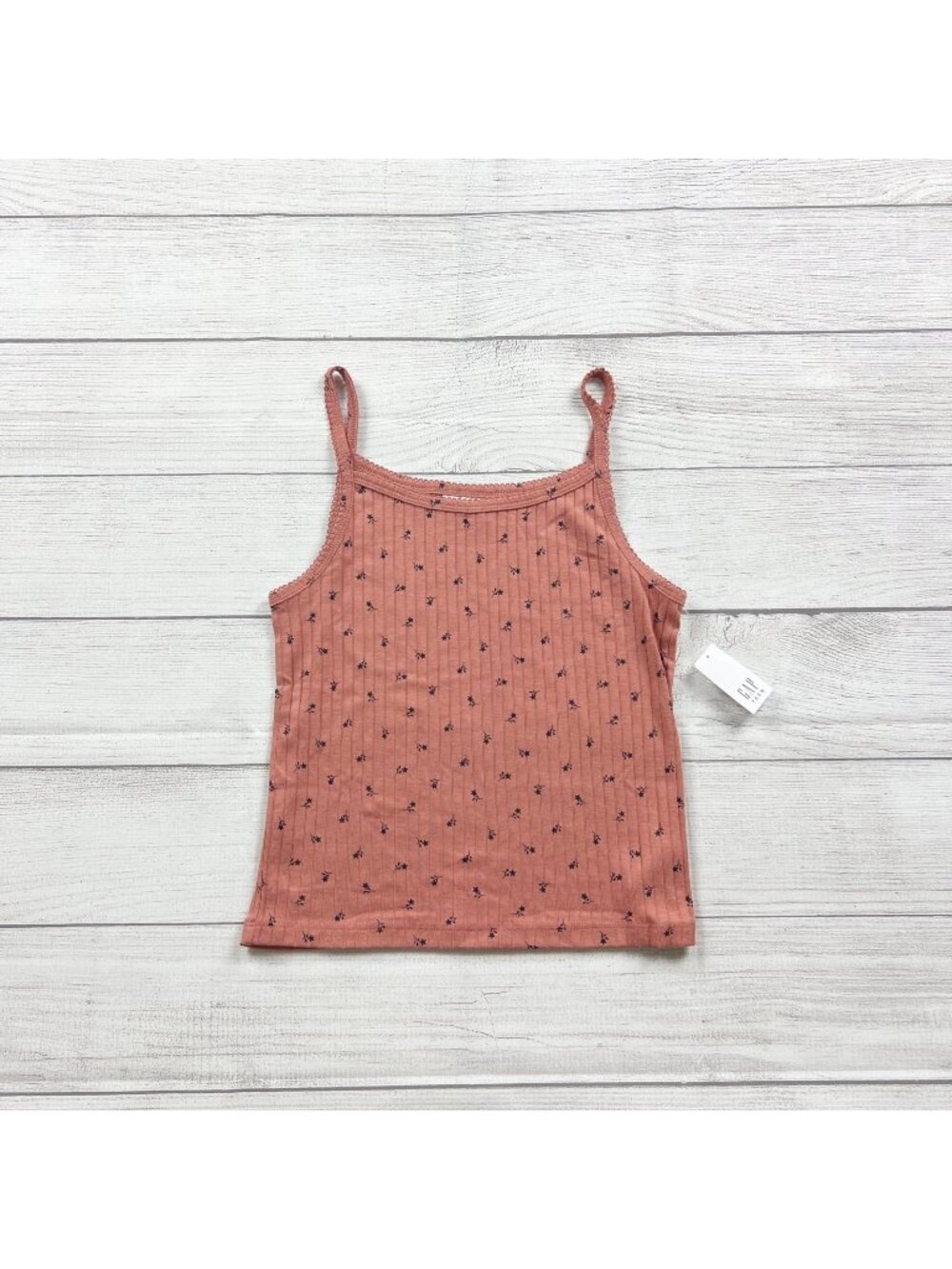 Gap Floral Print Ribbed Tank Top Coral Adjustable Spaghetti Straps NWT 14-16